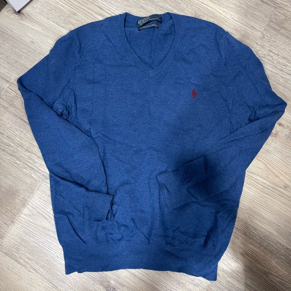 Ralph Lauren Men's Large Blue V-Neck Sweater 100% Merino Wool